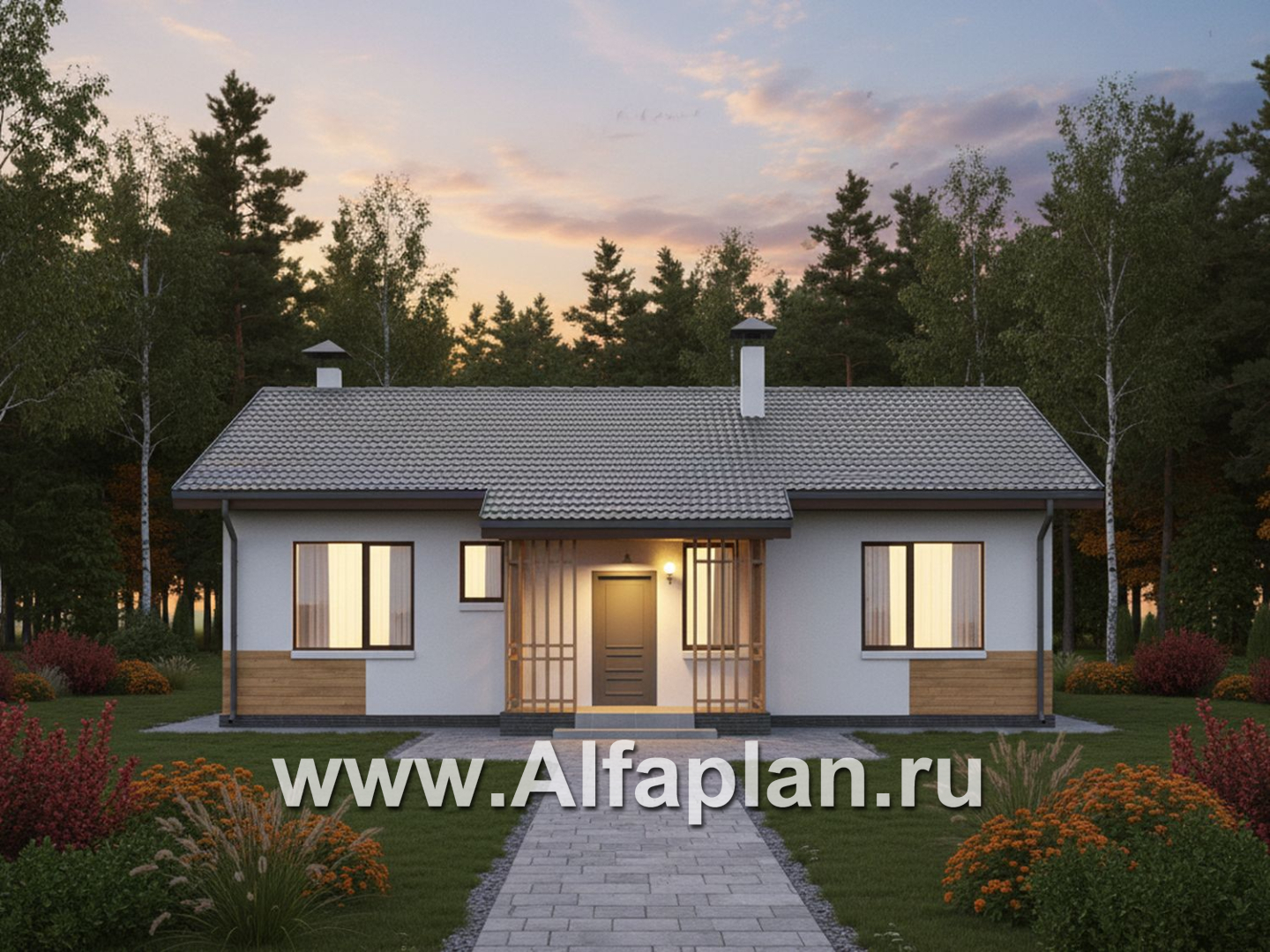 «Белая дача» - проект одноэтажного дома, улучшенная планировка, мастер спальня, 3 спальни и камин - дизайн дома №3