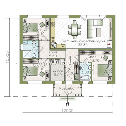 «Белая дача» - проект одноэтажного дома, улучшенная планировка, мастер спальня, 3 спальни и камин - превью план дома - фото №1