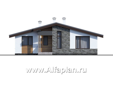 «Калисто» - проект одноэтажного дома из газобетона,  в скандинавском стиле, мастер спальня, с террасой и с островным камином - превью фасада дома - фото №1