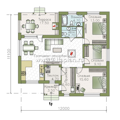 «Калисто» - проект одноэтажного дома из газобетона,  в скандинавском стиле, мастер спальня, с террасой и с островным камином - превью план дома - фото №1