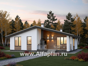 «Калисто» - проект одноэтажного дома из газобетона,  в скандинавском стиле, мастер спальня, с террасой и с островным камином