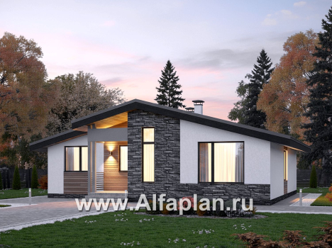 «Калисто» - проект одноэтажного дома из газобетона,  в скандинавском стиле, мастер спальня, с террасой и с островным камином - превью дополнительного изображения №1