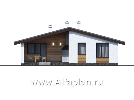 «Калисто» - проект одноэтажного дома из газобетона,  в скандинавском стиле, мастер спальня, с террасой и с островным камином (зеркальный вариант) - превью фасада дома - фото №4