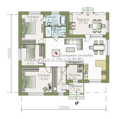«Калисто» - проект одноэтажного дома из газобетона,  в скандинавском стиле, мастер спальня, с террасой и с островным камином (зеркальный вариант) - превью план дома - фото №1