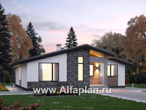 «Калисто» - проект одноэтажного дома из газобетона,  в скандинавском стиле, мастер спальня, с террасой и с островным камином (зеркальный вариант)