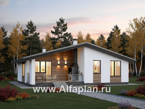 «Калисто» - проект одноэтажного дома из газобетона,  в скандинавском стиле, мастер спальня, с террасой и с островным камином (зеркальный вариант) - превью дополнительного изображения №1