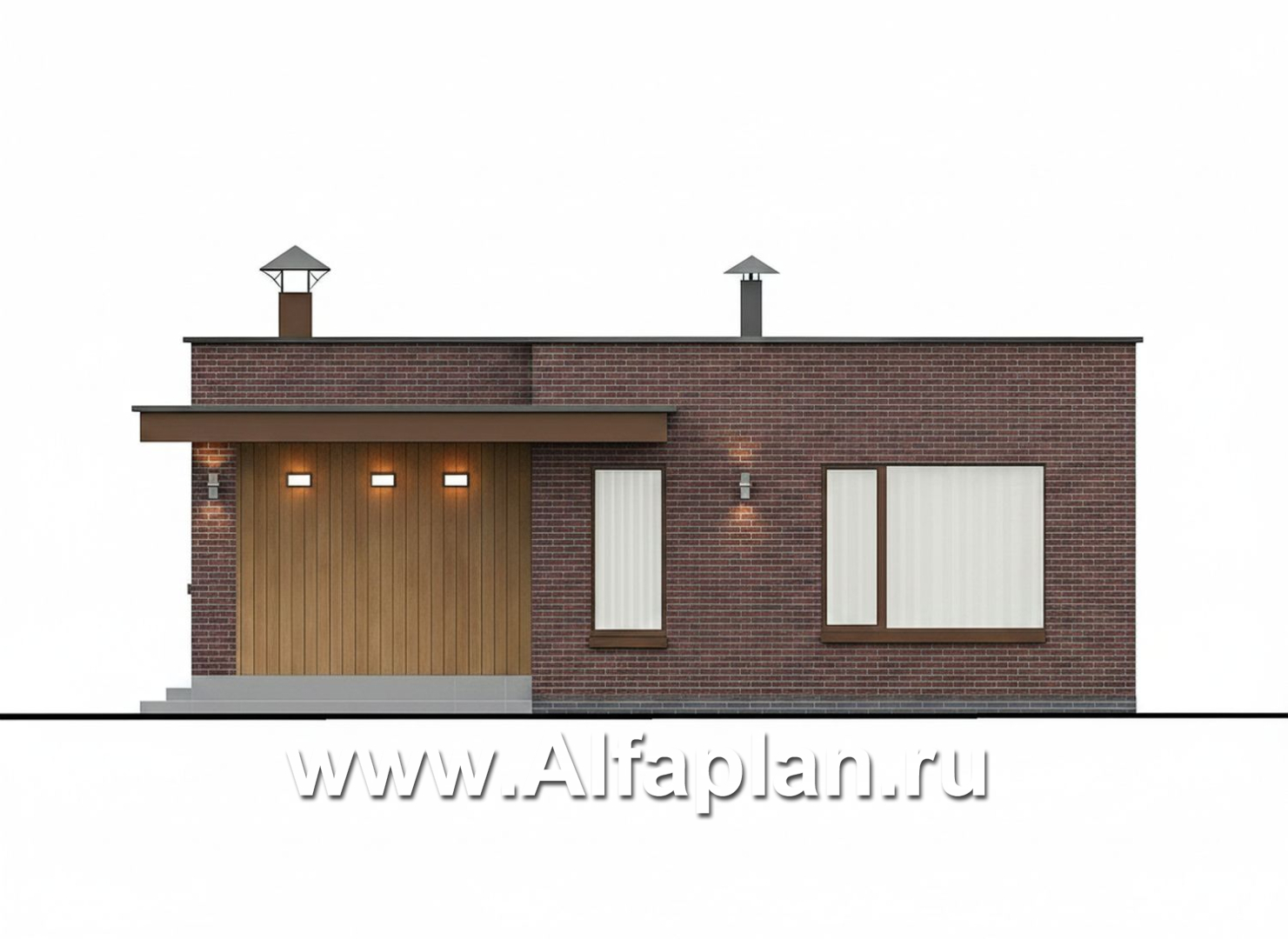 «Заозерье» - проект практичного одноэтажного коттеджа с плоской крышей, фасады - плитка под кирпич, планировка 2 спальни - фасад дома - фото №1