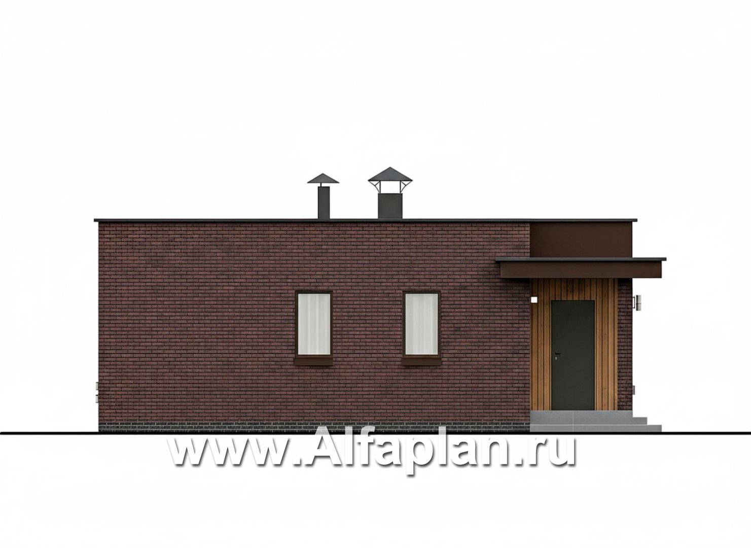 «Заозерье» - проект практичного одноэтажного коттеджа с плоской крышей, фасады - плитка под кирпич, планировка 2 спальни - фасад дома - фото №2