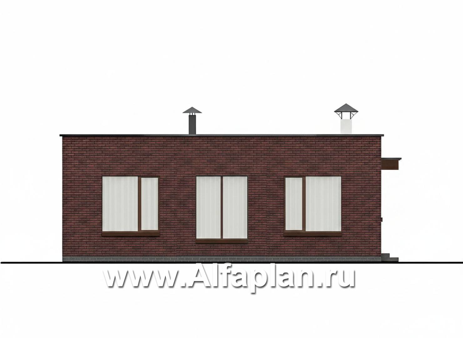 «Заозерье» - проект практичного одноэтажного коттеджа с плоской крышей, фасады - плитка под кирпич, планировка 2 спальни - фасад дома - фото №3