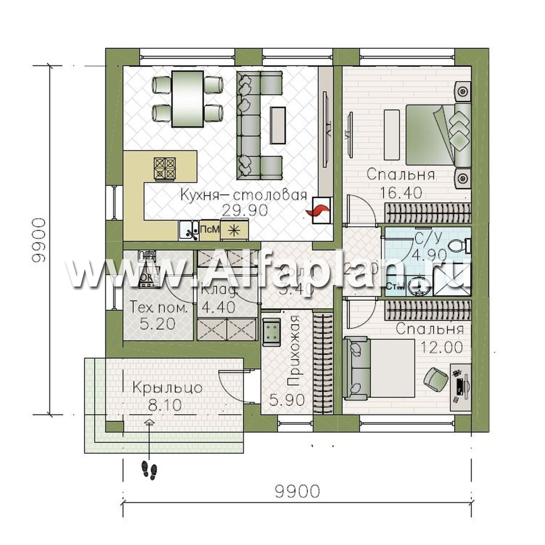 «Заозерье» - проект практичного одноэтажного коттеджа с плоской крышей, фасады - плитка под кирпич, планировка 2 спальни - план дома - фото №1
