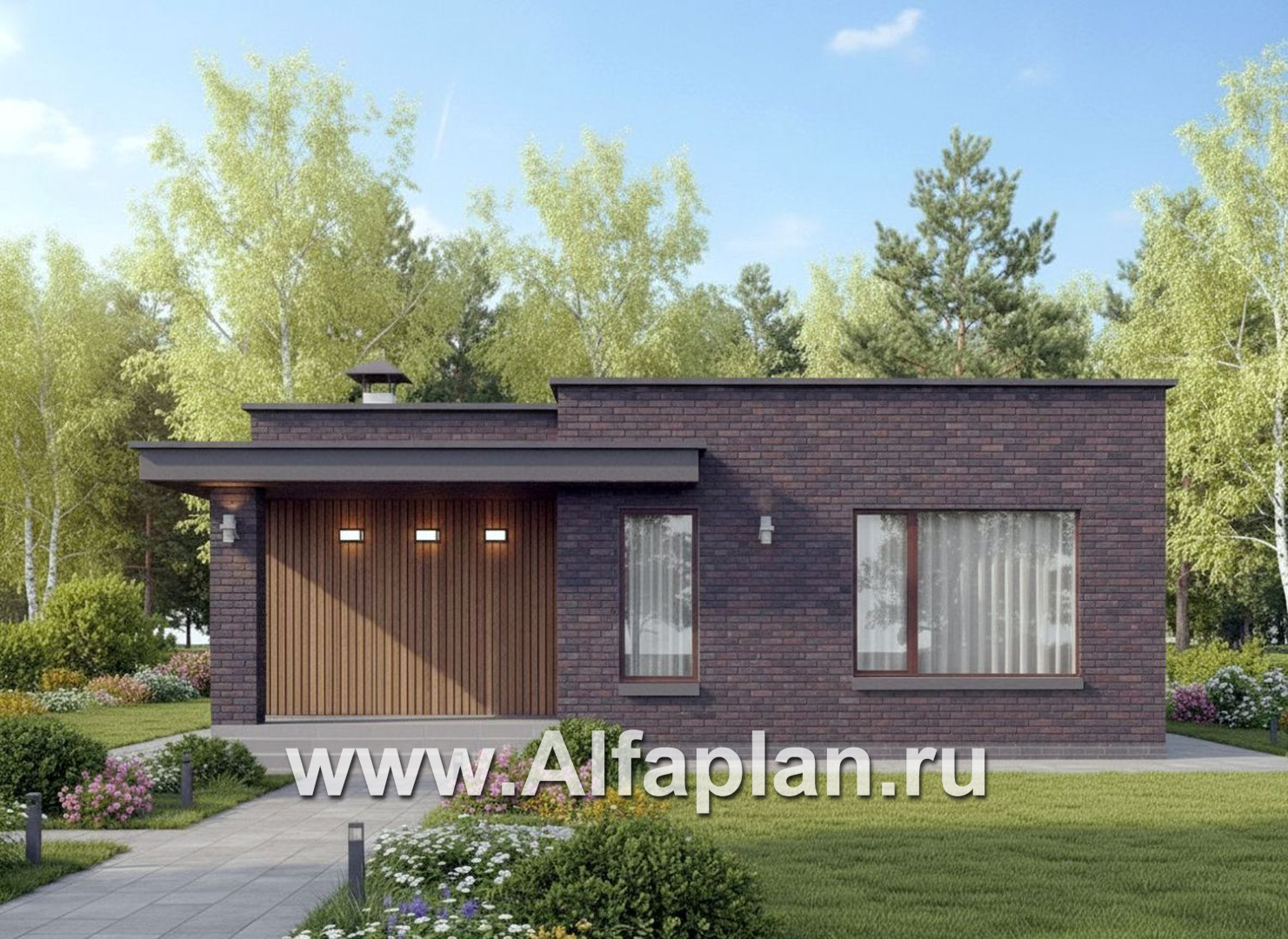«Заозерье» - проект практичного одноэтажного коттеджа с плоской крышей, фасады - плитка под кирпич, планировка 2 спальни - основное изображение