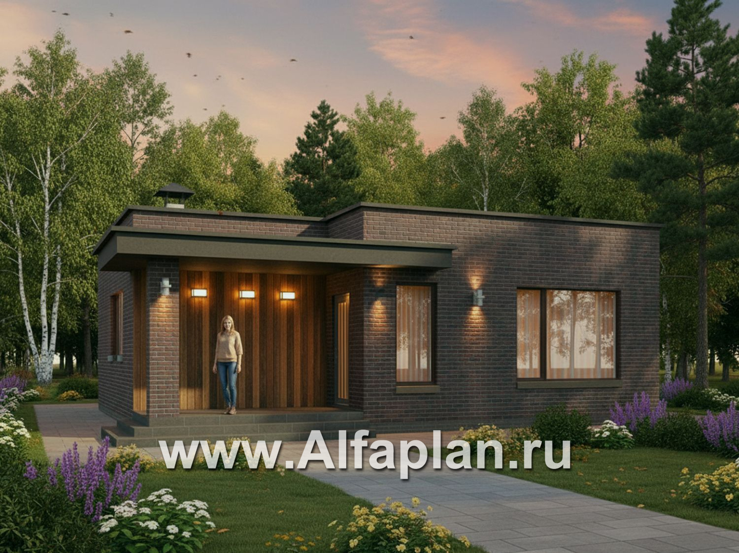 «Заозерье» - проект практичного одноэтажного коттеджа с плоской крышей, фасады - плитка под кирпич, планировка 2 спальни - дизайн дома №1