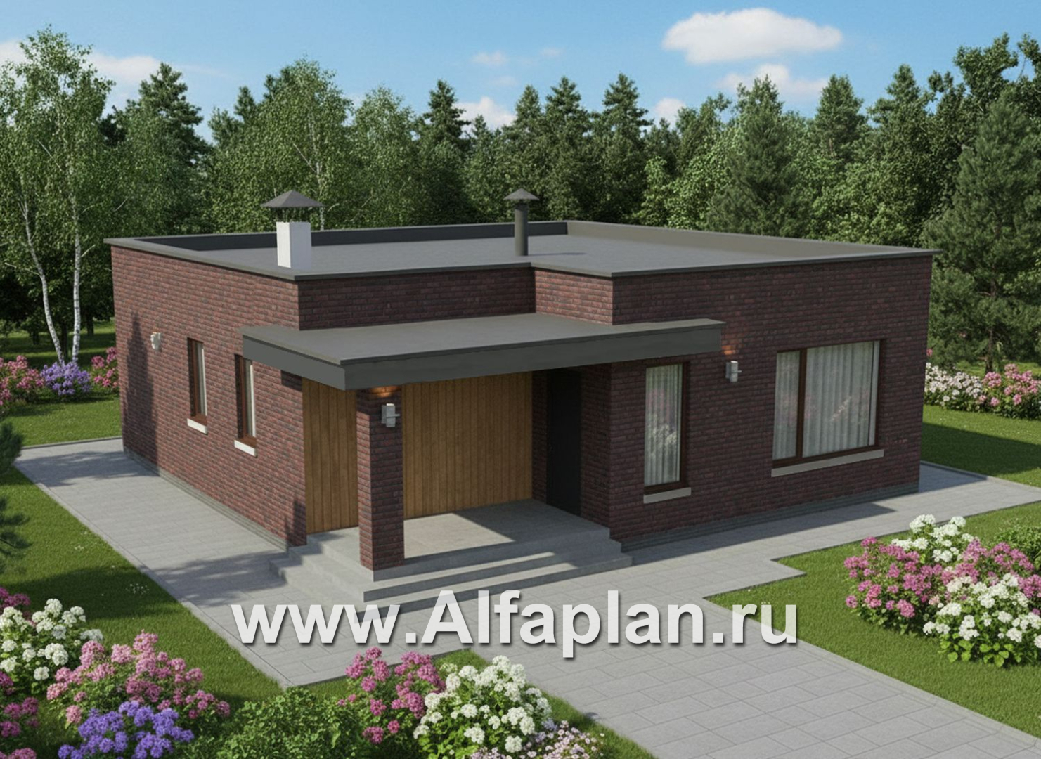 «Заозерье» - проект практичного одноэтажного коттеджа с плоской крышей, фасады - плитка под кирпич, планировка 2 спальни - дизайн дома №3