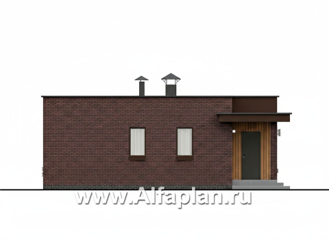 «Заозерье» - проект практичного одноэтажного коттеджа с плоской крышей, фасады - плитка под кирпич, планировка 2 спальни - превью фасада дома - фото №2