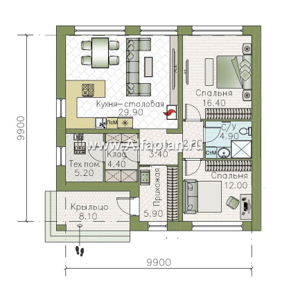 «Заозерье» - проект практичного одноэтажного коттеджа с плоской крышей, фасады - плитка под кирпич, планировка 2 спальни - превью план дома - фото №1