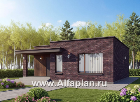 «Заозерье» - проект практичного одноэтажного коттеджа с плоской крышей, фасады - плитка под кирпич, планировка 2 спальни - превью дополнительного изображения №2