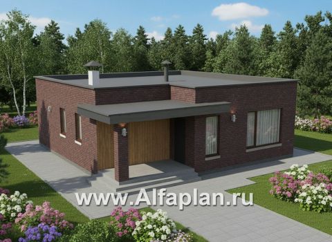 «Заозерье» - проект практичного одноэтажного коттеджа с плоской крышей, фасады - плитка под кирпич, планировка 2 спальни - превью дополнительного изображения №3