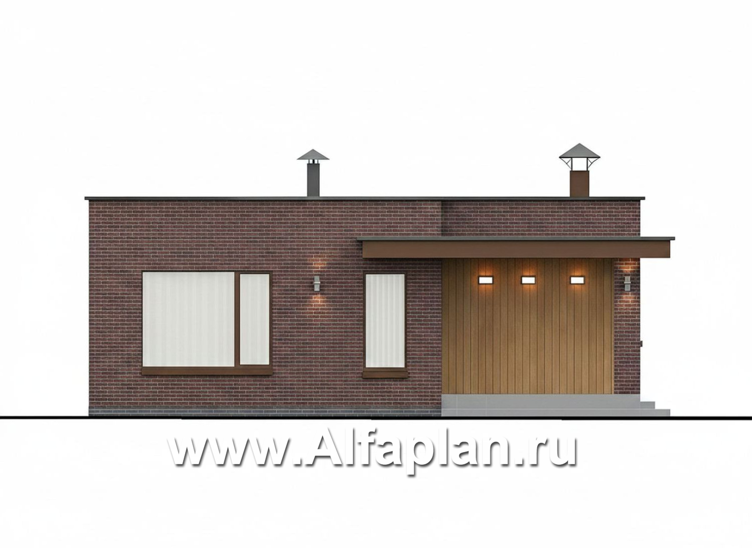 «Заозерье» - проект практичного одноэтажного коттеджа с плоской крышей, фасады - плитка под кирпич, планировка 2 спальни (зеркальный вариант) - фасад дома - фото №1