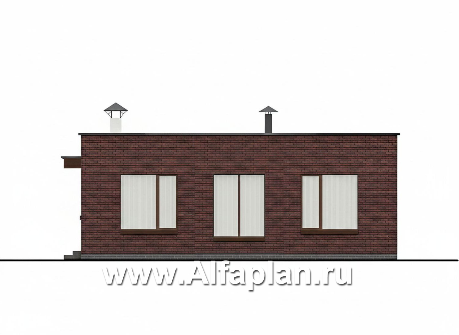 «Заозерье» - проект практичного одноэтажного коттеджа с плоской крышей, фасады - плитка под кирпич, планировка 2 спальни (зеркальный вариант) - фасад дома - фото №3