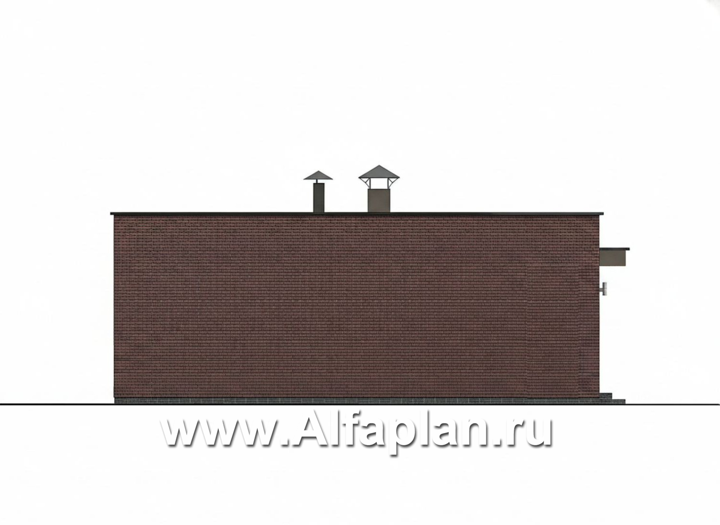 «Заозерье» - проект практичного одноэтажного коттеджа с плоской крышей, фасады - плитка под кирпич, планировка 2 спальни (зеркальный вариант) - фасад дома - фото №4