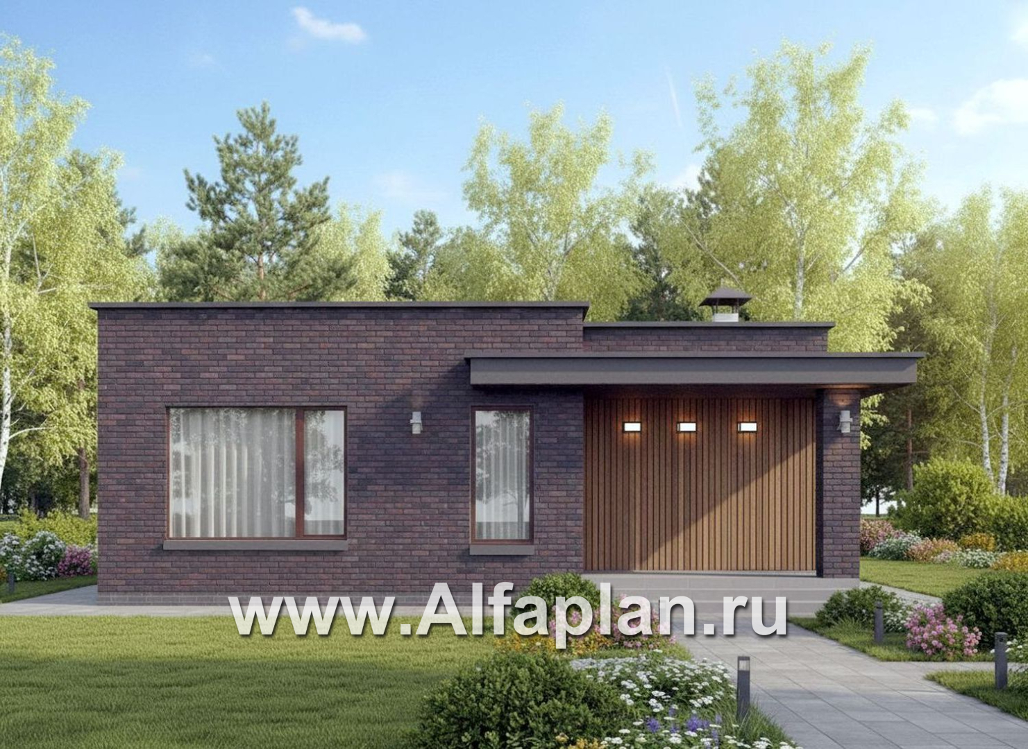 «Заозерье» - проект практичного одноэтажного коттеджа с плоской крышей, фасады - плитка под кирпич, планировка 2 спальни (зеркальный вариант) - дизайн дома №1