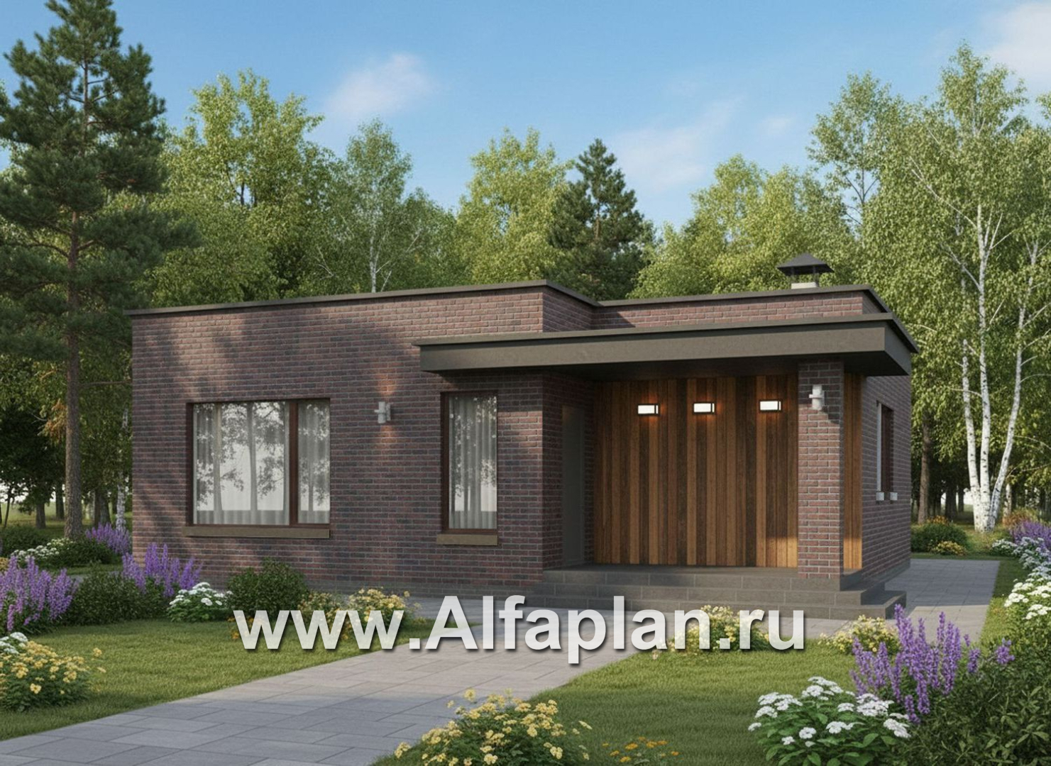 «Заозерье» - проект практичного одноэтажного коттеджа с плоской крышей, фасады - плитка под кирпич, планировка 2 спальни (зеркальный вариант) - дизайн дома №2
