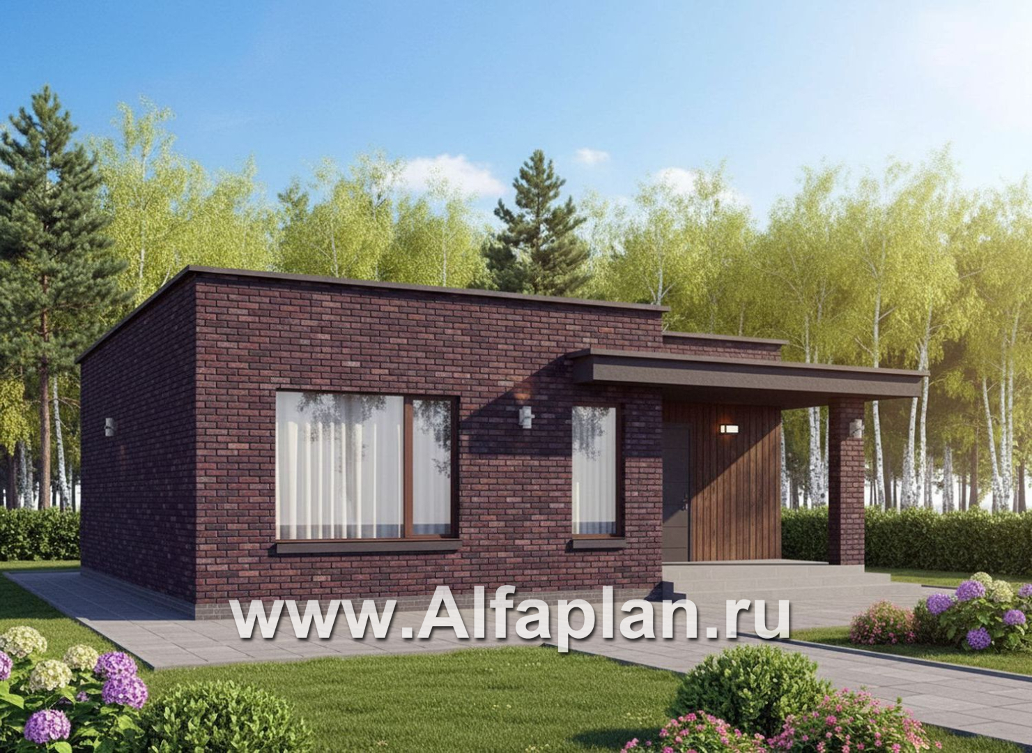 «Заозерье» - проект практичного одноэтажного коттеджа с плоской крышей, фасады - плитка под кирпич, планировка 2 спальни (зеркальный вариант) - дизайн дома №3