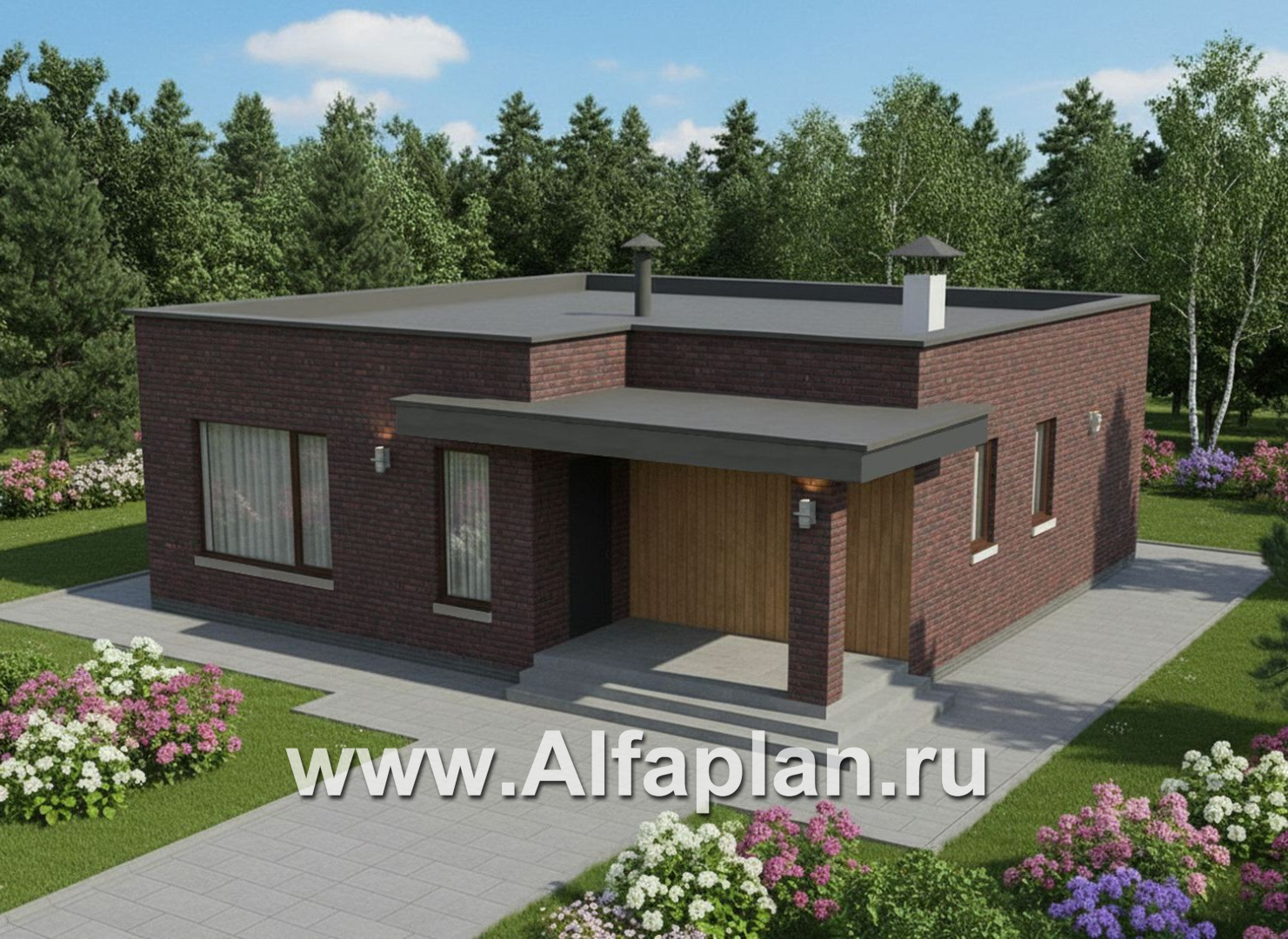 «Заозерье» - проект практичного одноэтажного коттеджа с плоской крышей, фасады - плитка под кирпич, планировка 2 спальни (зеркальный вариант) - дизайн дома №4