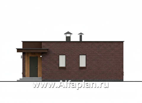 «Заозерье» - проект практичного одноэтажного коттеджа с плоской крышей, фасады - плитка под кирпич, планировка 2 спальни (зеркальный вариант) - превью фасада дома - фото №2