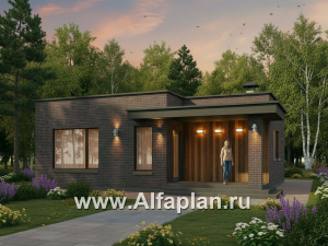 «Заозерье» - проект практичного одноэтажного коттеджа с плоской крышей, фасады - плитка под кирпич, планировка 2 спальни (зеркальный вариант)