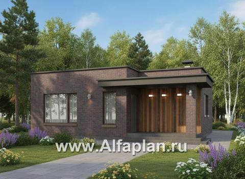 «Заозерье» - проект практичного одноэтажного коттеджа с плоской крышей, фасады - плитка под кирпич, планировка 2 спальни (зеркальный вариант) - превью дополнительного изображения №2
