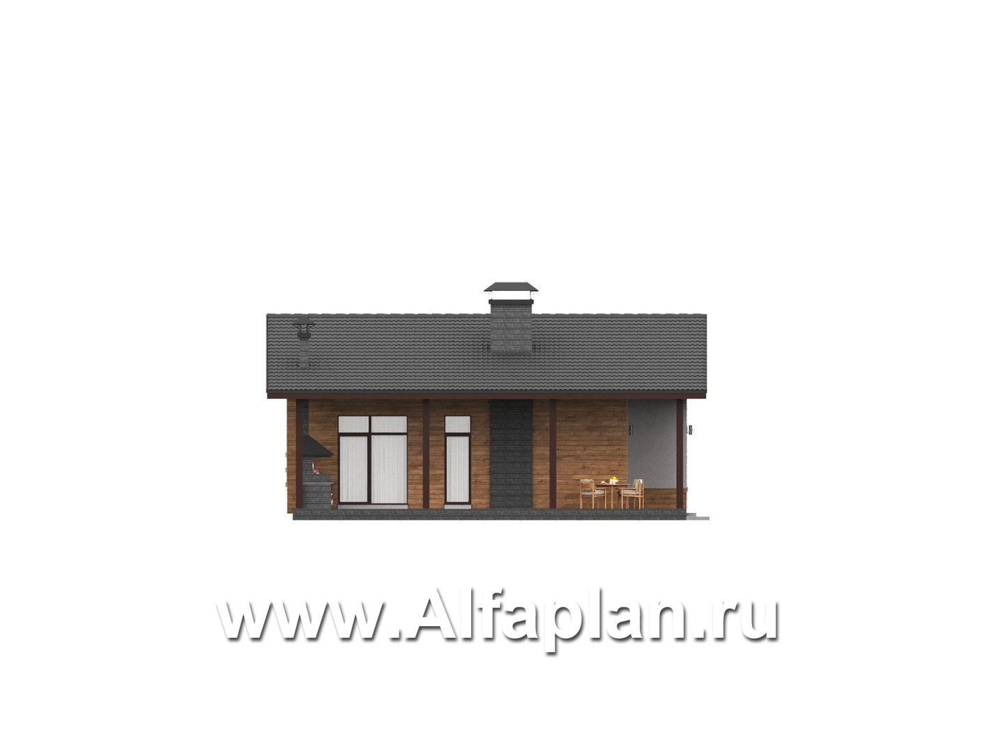 «Терминал» - проект одноэтажного дома c террасой вдоль дома, планировка мастер спальня, 4 одинаковых детских спальни - фасад дома - фото №2