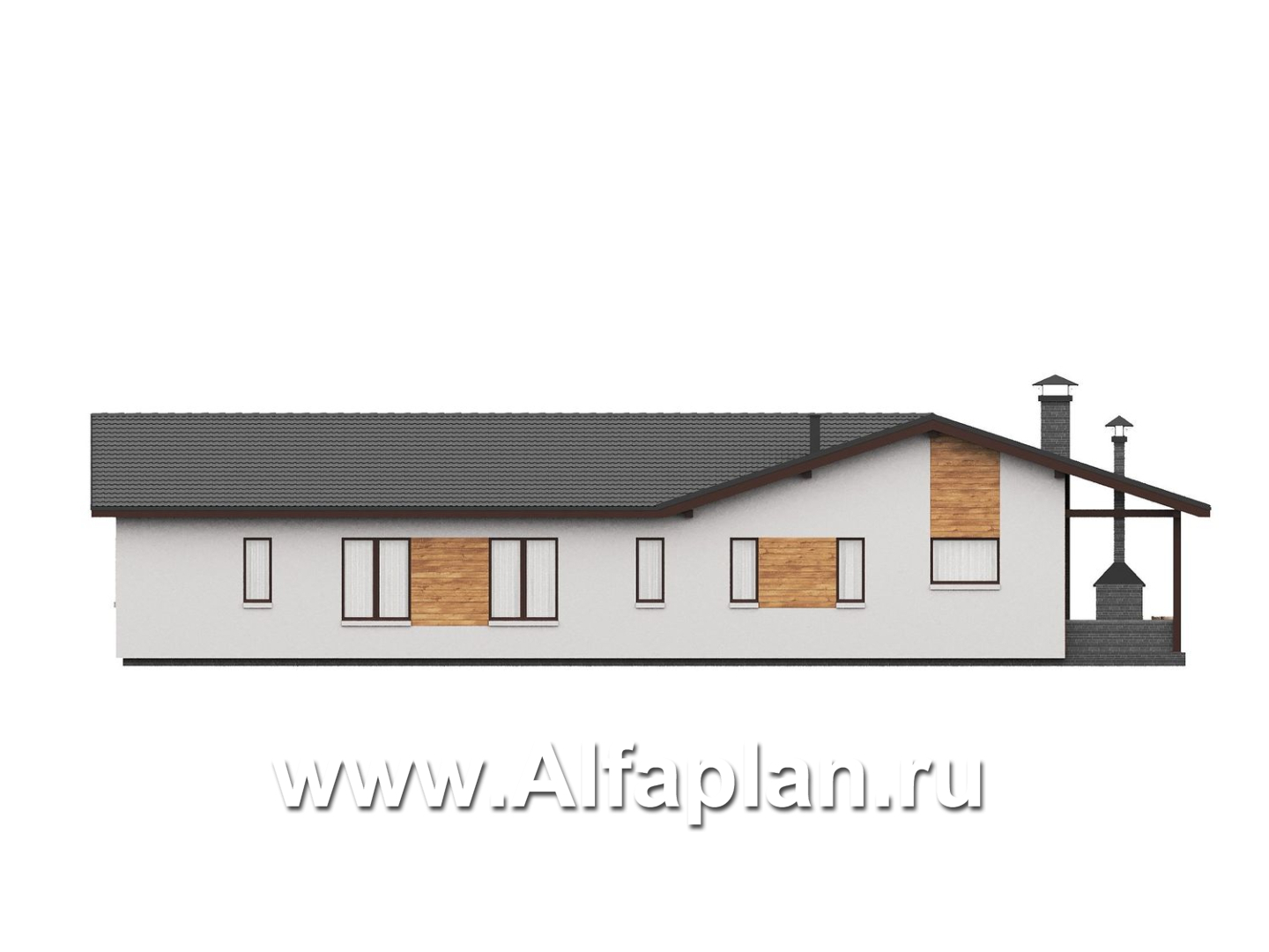 «Терминал» - проект одноэтажного дома c террасой вдоль дома, планировка мастер спальня, 4 одинаковых детских спальни - фасад дома - фото №3