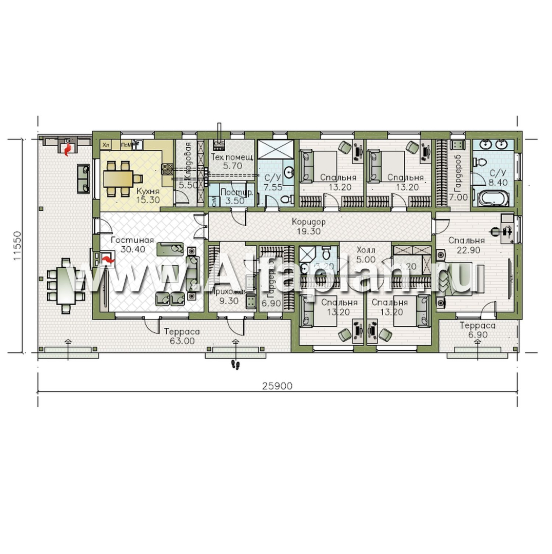 «Терминал» - проект одноэтажного дома c террасой вдоль дома, планировка мастер спальня, 4 одинаковых детских спальни - план дома - фото №1