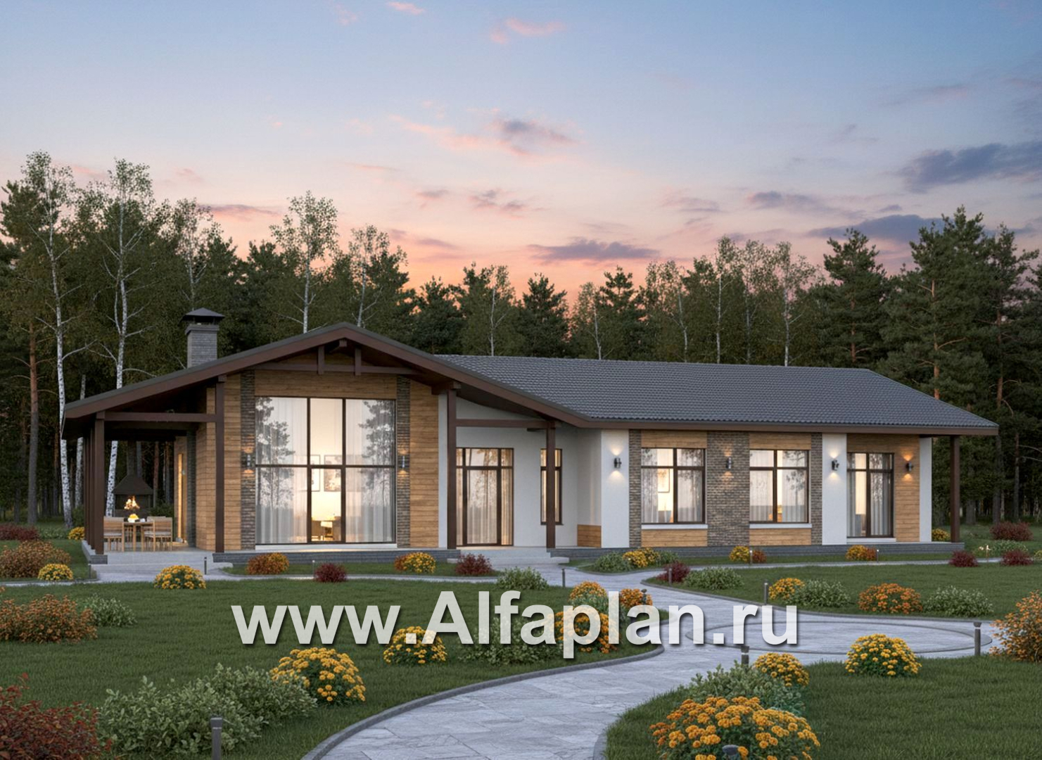 «Терминал» - проект одноэтажного дома c террасой вдоль дома, планировка мастер спальня, 4 одинаковых детских спальни - основное изображение