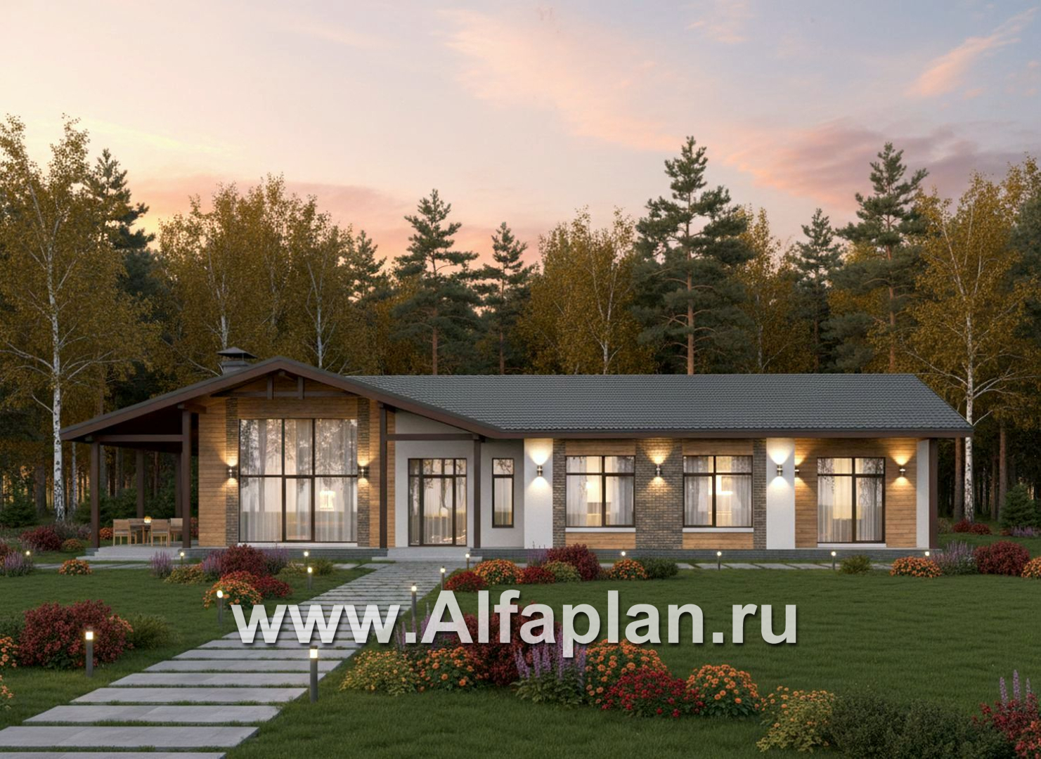 «Терминал» - проект одноэтажного дома c террасой вдоль дома, планировка мастер спальня, 4 одинаковых детских спальни - дизайн дома №1