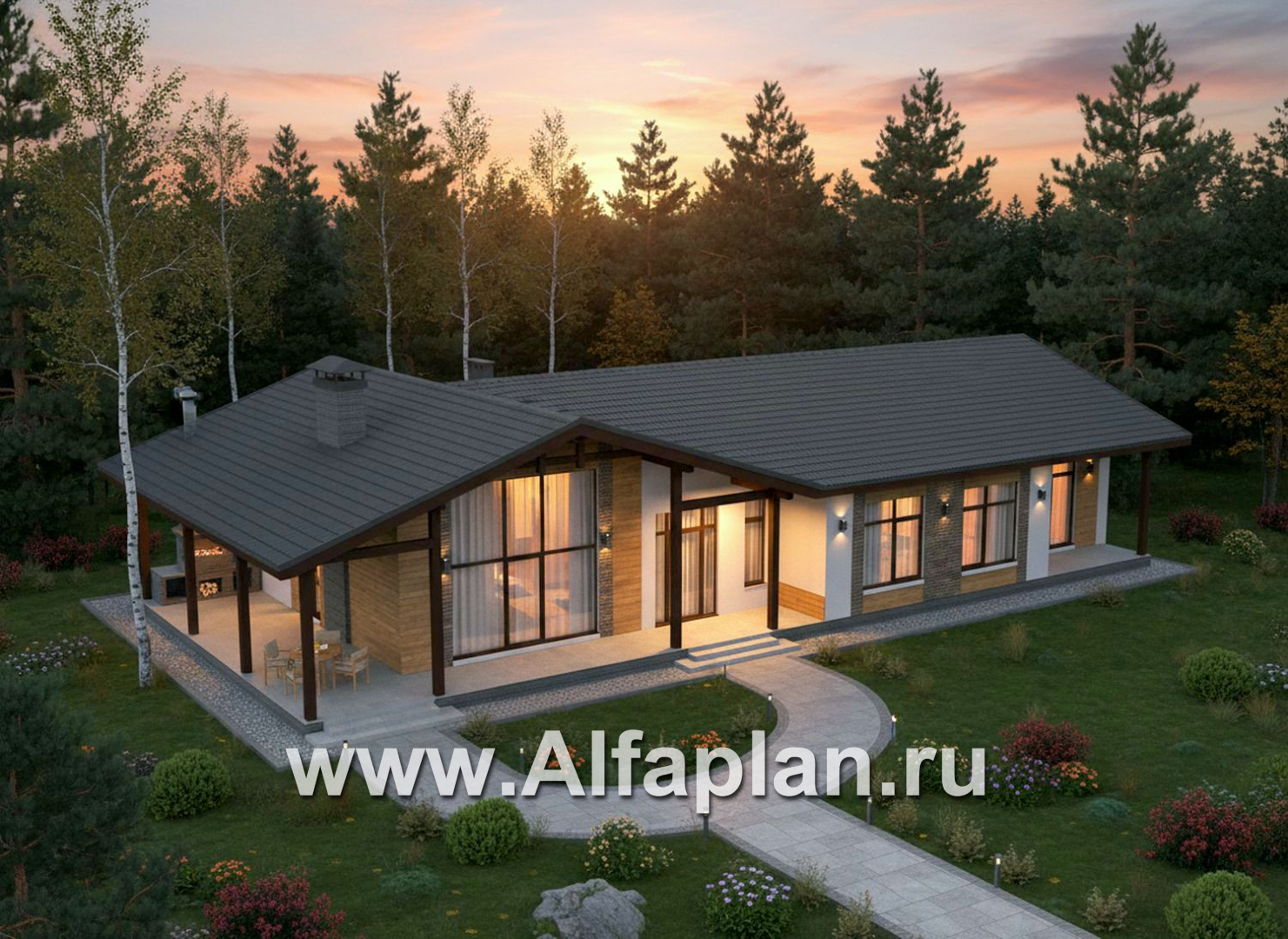 «Терминал» - проект одноэтажного дома c террасой вдоль дома, планировка мастер спальня, 4 одинаковых детских спальни - дизайн дома №2