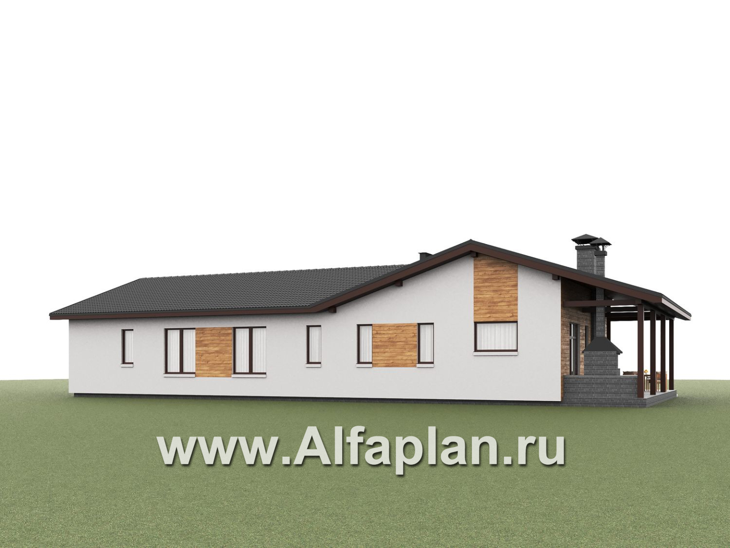 «Терминал» - проект одноэтажного дома c террасой вдоль дома, планировка мастер спальня, 4 одинаковых детских спальни - дизайн дома №4