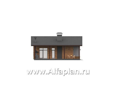 «Терминал» - проект одноэтажного дома c террасой вдоль дома, планировка мастер спальня, 4 одинаковых детских спальни - превью фасада дома - фото №2