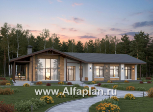 «Терминал» - проект одноэтажного дома c террасой вдоль дома, планировка мастер спальня, 4 одинаковых детских спальни