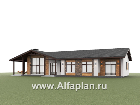 «Терминал» - проект одноэтажного дома c террасой вдоль дома, планировка мастер спальня, 4 одинаковых детских спальни - превью дополнительного изображения №3