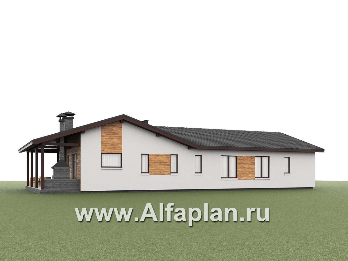 «Терминал» - проект одноэтажного дома c террасой вдоль дома, планировка мастер спальня, 4 одинаковых детских спальни - дизайн дома №4