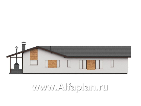 «Терминал» - проект одноэтажного дома c террасой вдоль дома, планировка мастер спальня, 4 одинаковых детских спальни - превью фасада дома - фото №3