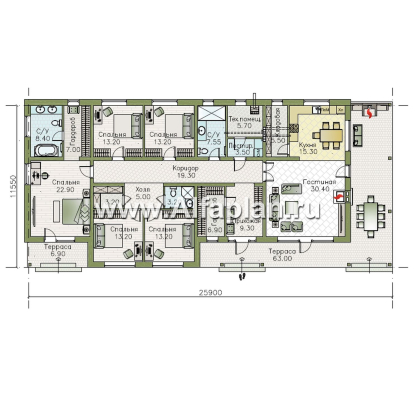 «Терминал» - проект одноэтажного дома c террасой вдоль дома, планировка мастер спальня, 4 одинаковых детских спальни - превью план дома - фото №1