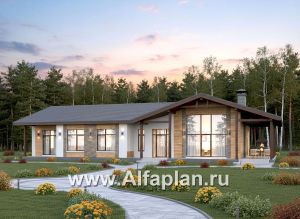 «Терминал» - проект одноэтажного дома c террасой вдоль дома, планировка мастер спальня, 4 одинаковых детских спальни