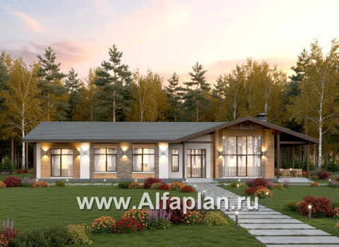 «Терминал» - проект одноэтажного дома c террасой вдоль дома, планировка мастер спальня, 4 одинаковых детских спальни - превью дополнительного изображения №1