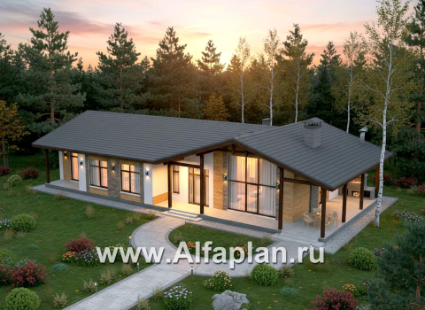 «Терминал» - проект одноэтажного дома c террасой вдоль дома, планировка мастер спальня, 4 одинаковых детских спальни - превью дополнительного изображения №2