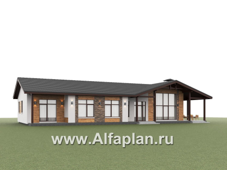 «Терминал» - проект одноэтажного дома c террасой вдоль дома, планировка мастер спальня, 4 одинаковых детских спальни - превью дополнительного изображения №3