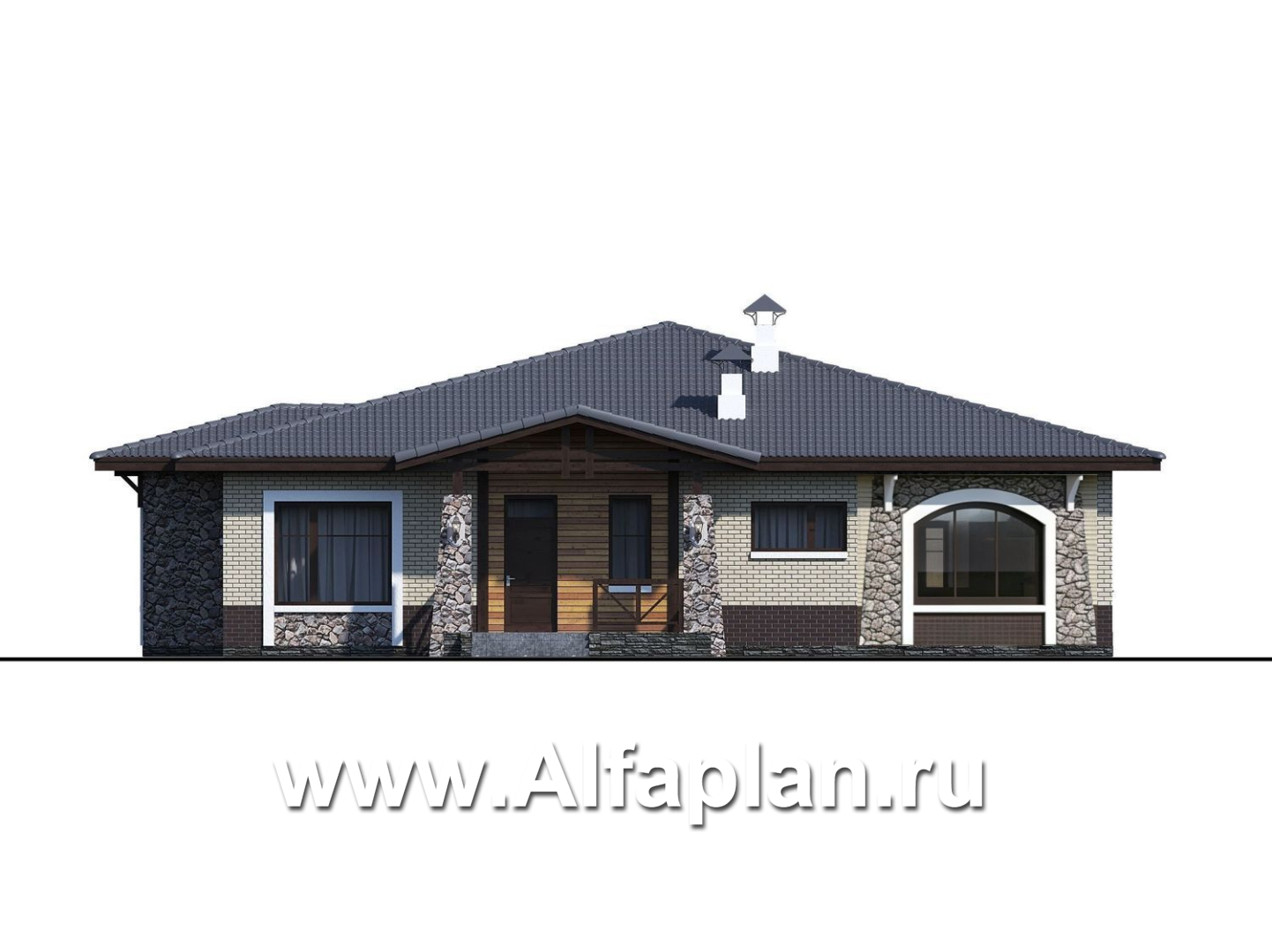 «Аризона» - проект одноэтажного дома, с террасой, мастер спальня. Коттедж в стиле прерий (Райта). Есть вариант с сауной  - фасад дома - фото №1