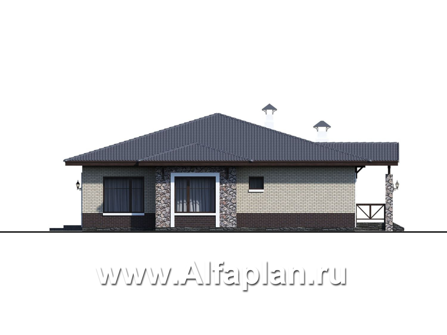 «Аризона» - проект одноэтажного дома, с террасой, мастер спальня. Коттедж в стиле прерий (Райта). Есть вариант с сауной  - фасад дома - фото №2